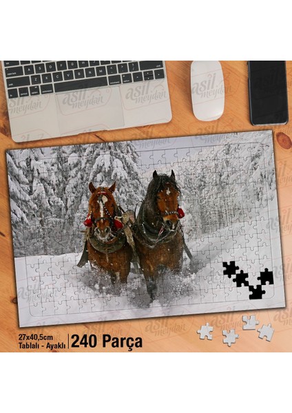 Asil Hobi Kahverengi Atlar - Kış- Kızak - Doğa Yapboz - Ayak Destekli Çerçeveli 240 Parça Puzzle