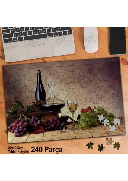 Asil Hobi Şarap - Cam Şişe - Üzüm -Alkol Yapboz - Ayak Destekli Çerçeveli 240 Parça Puzzle