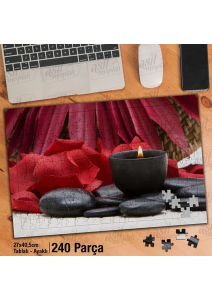 Asil Hobi Siyah ve Kırmızının Uyumu - Mum -Çiçek Yapboz-Ayak Destekli Çerçeveli 240 Parça Puzzle