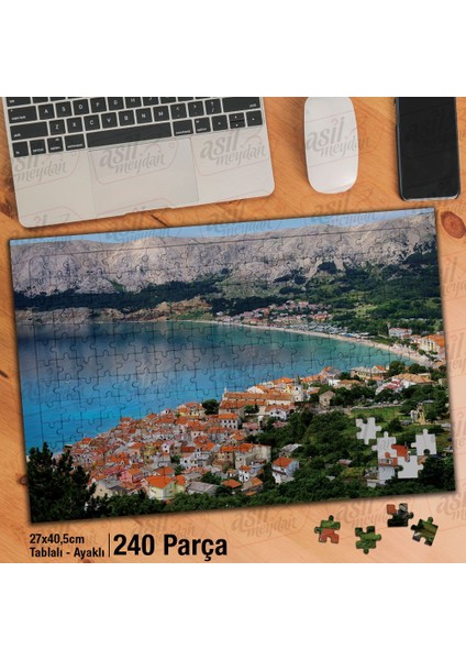 Asil Hobi Deniz - Ağaçlar - Dağlar - Manzara - Evler Yapboz-Ayak Destekli Çerçeveli 240 Parça Puzzle
