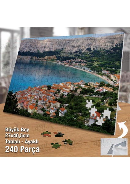 Asil Hobi Deniz - Ağaçlar - Dağlar - Manzara - Evler Yapboz-Ayak Destekli Çerçeveli 240 Parça Puzzle