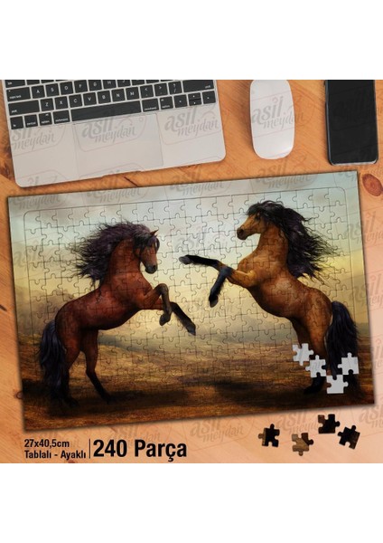 Asil Hobi Kahverengi Vahşi Atlar - Hayvanlar Yapboz -Ayak Destekli Çerçeveli 240 Parça Puzzle