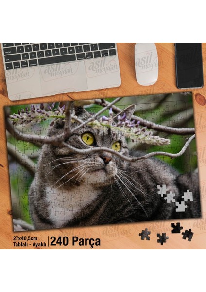 Asil Hobi Dalların Arasında Duran Kedi - Hayvan Yapboz -Ayak Destekli Çerçeveli 240 Parça Puzzle