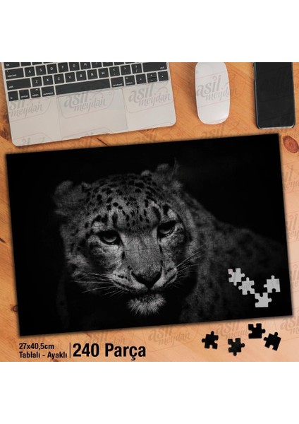 Asil Hobi Siyah Zemin Üzerinde Leopar -Hayvan Yapboz -Ayak Destekli Çerçeveli 240 Parça Puzzle