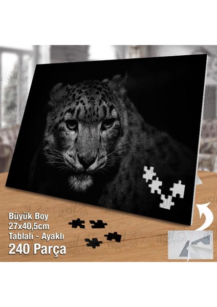Asil Hobi Siyah Zemin Üzerinde Leopar -Hayvan Yapboz -Ayak Destekli Çerçeveli 240 Parça Puzzle