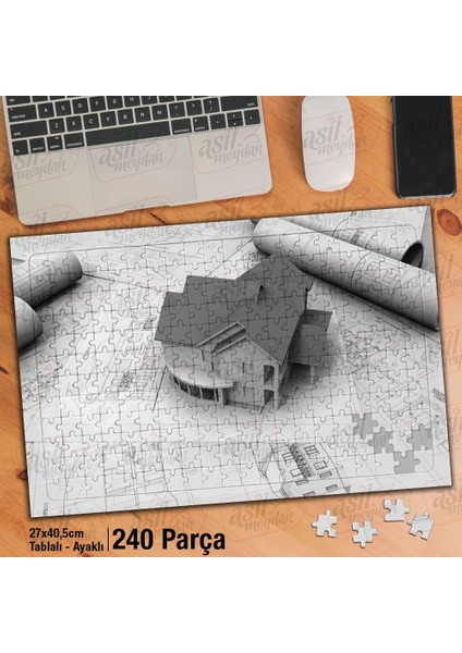 Asil Hobi Gri Maket Ev - Proje - Çizim - Mimari Yapboz-Ayak Destekli Çerçeveli 240 Parça Puzzle