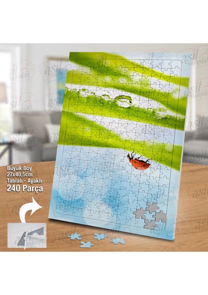 Asil Hobi Su Damlası - Yaprak - Uğur Böceği -Gökyüzü Yapboz-Ayak Destekli Çerçeveli 240 Parça Puzzle