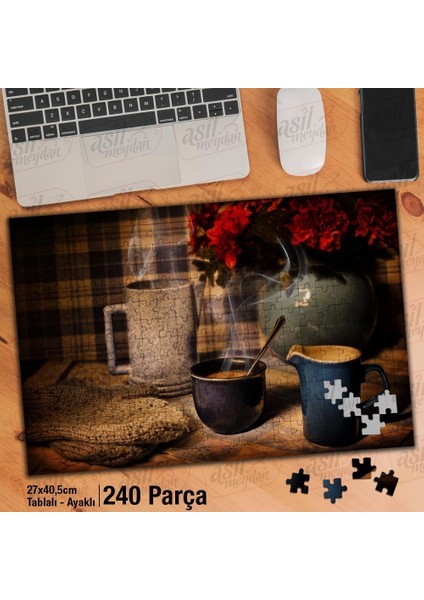 Asil Hobi Kış - Soğuk - Eldivenler - Kupa - Kahve Yapboz -Ayak Destekli Çerçeveli 240 Parça Puzzle
