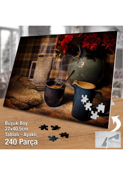 Asil Hobi Kış - Soğuk - Eldivenler - Kupa - Kahve Yapboz -Ayak Destekli Çerçeveli 240 Parça Puzzle