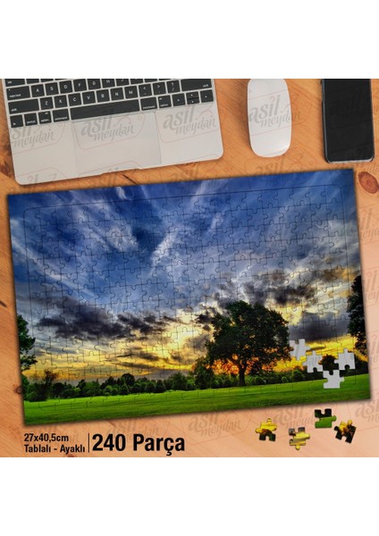 Asil Hobi - Yeşil Çimen - Ağaçlar - Gün Batımı - Doğa - Yapboz - Ayak Destekli 240 Parça Puzzle
