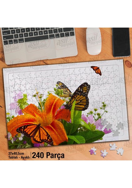 Asil Hobi Rengarenk Çiçeklerin Üstünde Kelebekler Yapboz-Ayak Destekli Çerçeveli 240 Parça Puzzle