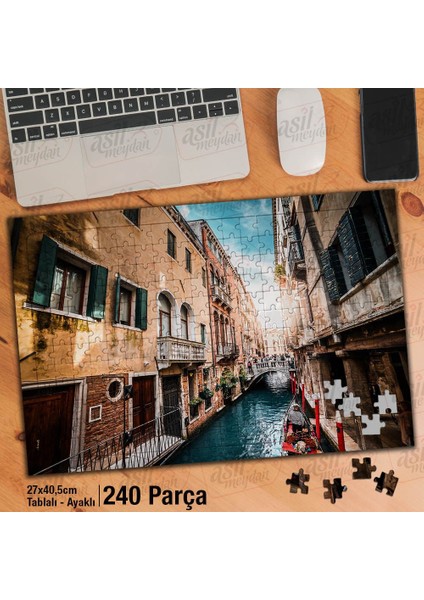 Asil Hobi Venedik Su Kanalı -Evler -Kayık -Manzara Yapboz -Ayak Destekli Çerçeveli 240 Parça Puzzle