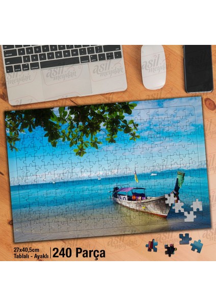 Asil Hobi Kayık - Ağaç Yaprakları - Deniz - Manzara Yapboz-Ayak Destekli Çerçeveli 240 Parça Puzzle