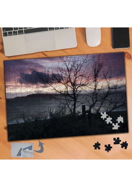 Bulutlu Gökyüzü ve Ağaç Silüeti 240 Parça Puzzle Yapboz TABLO-854