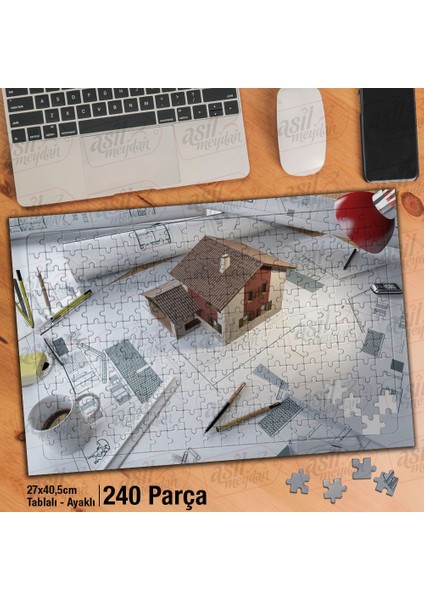 Asil Hobi Maket Ev - Proje -Kalemler - Mimari -Çizim Yapboz-Ayak Destekli Çerçeveli 240 Parça Puzzle