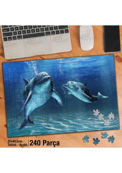 Asil Hobi Deniz Altında Yunus Balıkları -Hayvan Yapboz-Ayak Destekli Çerçeveli 240 Parça Puzzle