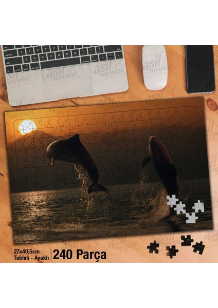 Asil Hobi Gün Batımı - Deniz - Yunus Balıkları Yapboz-Ayak Destekli Çerçeveli 240 Parça Puzzle