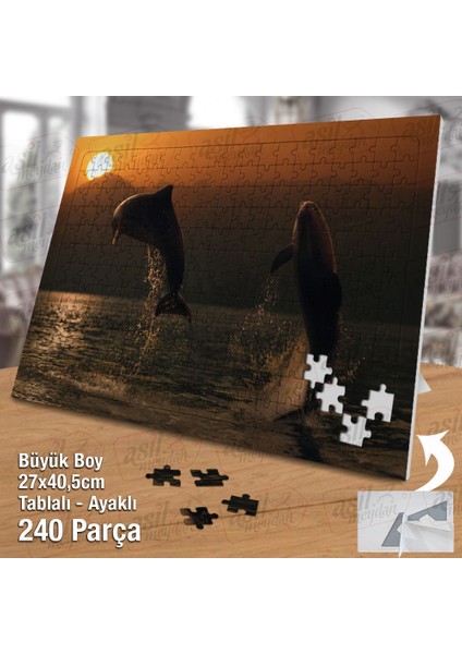 Asil Hobi Gün Batımı - Deniz - Yunus Balıkları Yapboz-Ayak Destekli Çerçeveli 240 Parça Puzzle