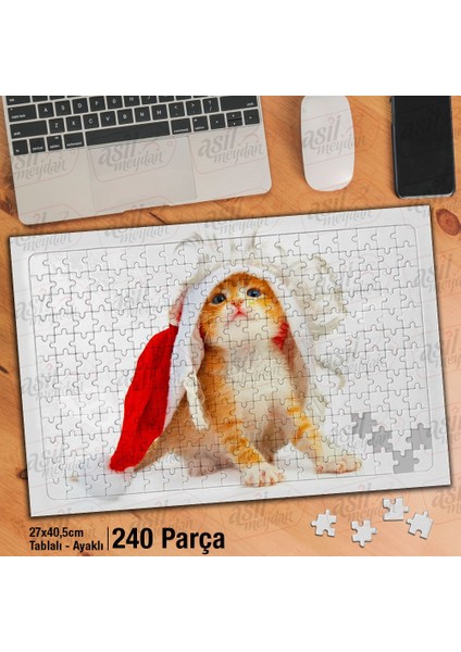 Asil Hobi Sarı Tüylü Yavru Kedi - Kırmızı Şapka Yapboz-Ayak Destekli Çerçeveli 240 Parça Puzzle