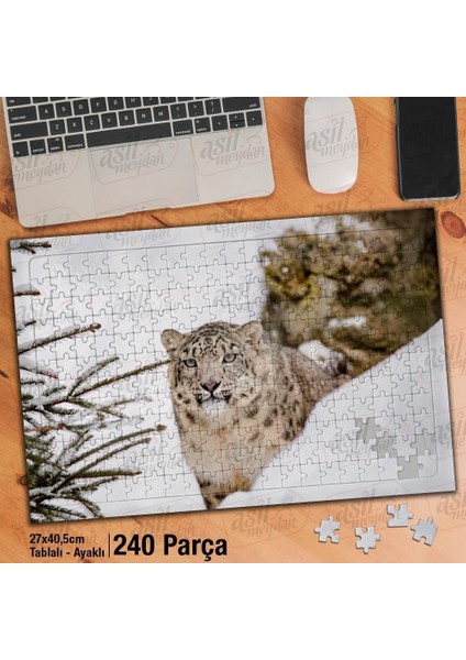 Asil Hobi Leopar - Büyük Kedi - Kar - Kış - Doğa Yapboz -Ayak Destekli Çerçeveli 240 Parça Puzzle
