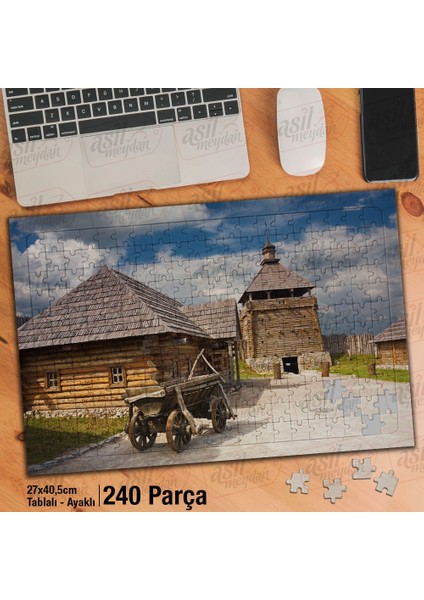 Asil Hobi Tahta Evler - Tahta Araba - Manzara Yapboz-Ayak Destekli Çerçeveli 240 Parça Puzzle