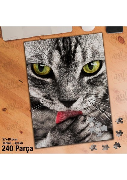 Asil Hobi Sevimli Gri Kedi - Hayvan Yapboz - Ayak Destekli Çerçeveli 240 Parça Puzzle