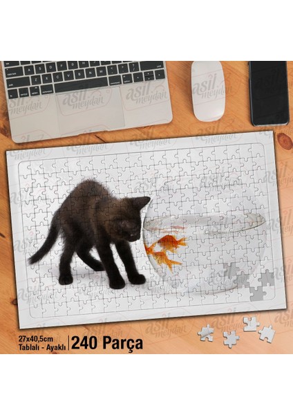 Asil Hobi Sevimli Siyah Yavru Kedi-Süs Balığı-Hayvan Yapboz-Ayak Destekli Çerçeveli 240 Parça Puzzle