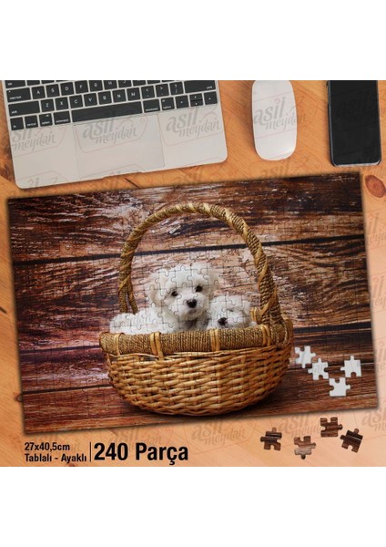 Asil Hobi Sepette Malta Yavruları-Beyaz Evcil Köpek Yapboz -Ayak Destekli Çerçeveli 240 Parça Puzzle