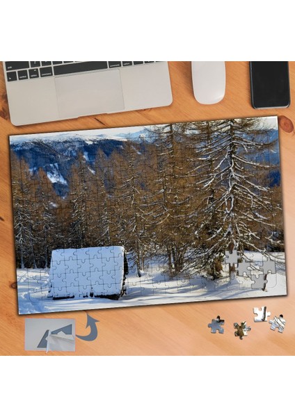 Kar Kaplı Ev, Ağaç, Manzara 240 Parça Puzzle Yapboz TABLO-374