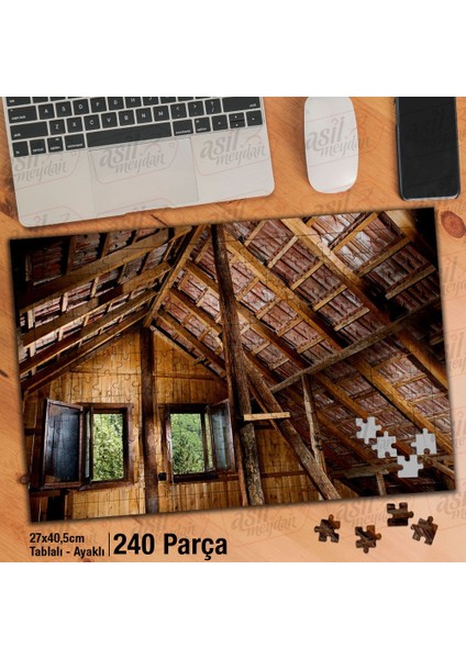 Asil Hobi Tahta Ev - Çatıkatı - Pencere -Mimari Yapı Yapboz-Ayak Destekli Çerçeveli 240 Parça Puzzle