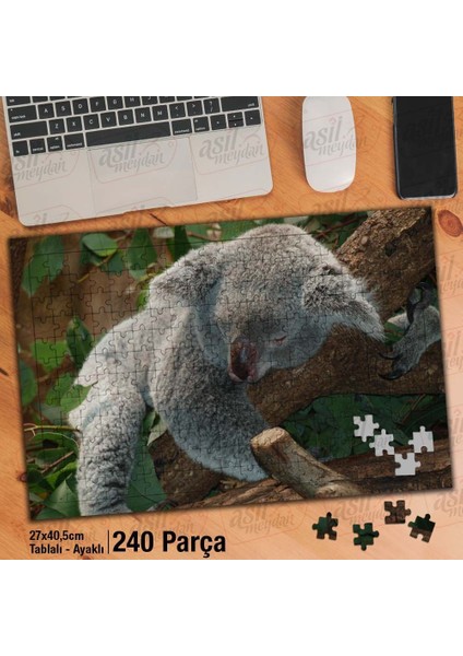 Asil Hobi Ağaçta Uyuyan Koala - Yapraklar - Hayvan Yapboz -Ayak Destekli Çerçeveli 240 Parça Puzzle