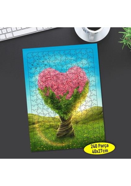 Pembe Çiçekli Kalp Ağaç Eller 240 Parça Puzzle YAPBOZ-75815650