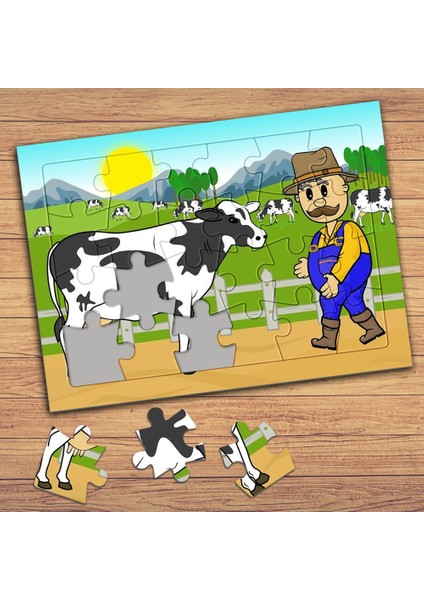 Mutlu Çiftçi ve Inek Çocuklara Özel Puzzle Yapboz TABLO-1465