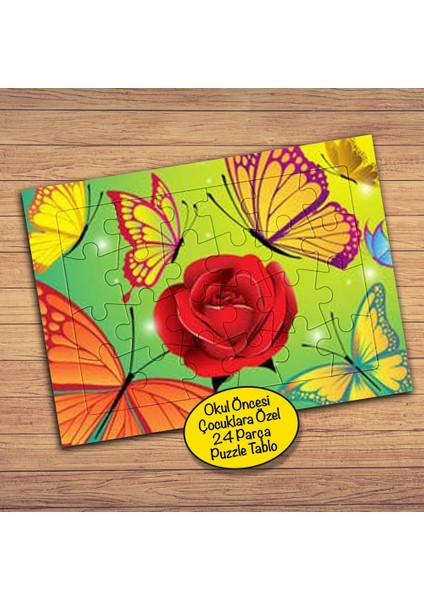 Kırmızı Gül ve Kelebekler Çocuklara Özel Puzzle Yapboz TABLO-59433
