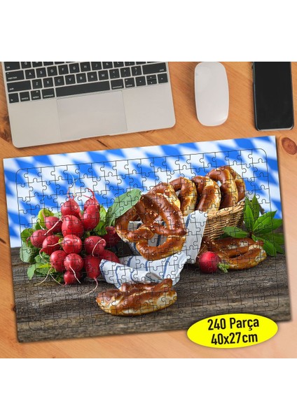 Hasır Piknik Sepetinde Simit Yiyecek 240 Parça Puzzle YAPBOZ-846