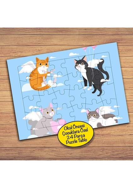 Bulutların Üstündeki Kediler 24 Parça Çocuklara Özel Yapboz Tablo-57
