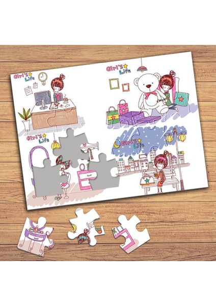 Sevimli Kızın Hayatı Kolyaj Çocuklara Özel Puzzle Yapboz TABLO-19957