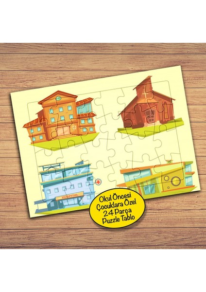 Kilise-Okul-Hastahane 24 Parça Çocuklara Özel Yapboz TABLO-12509