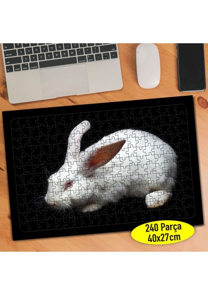 Siyah Zeminde Beyaz Tüylü Tavşan 240 Parça Puzzle YAPBOZ-2481114