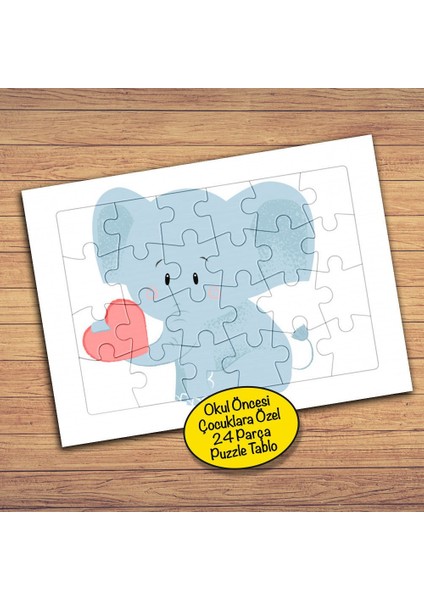 Kalpli Sevimli Fil -Hayvan Çocuklara Özel Puzzle Yapboz TABLO-110