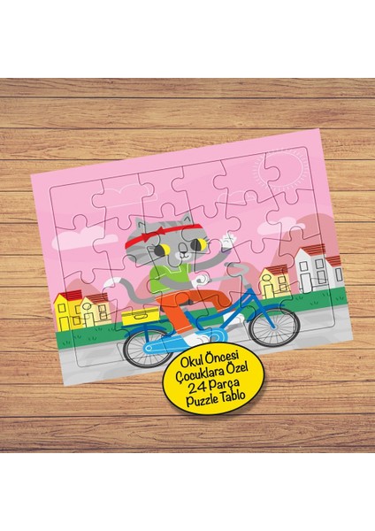 Bisikletli Sporcu Kedi 24 Parça Çocuklara Özel Yapboz TABLO-7444