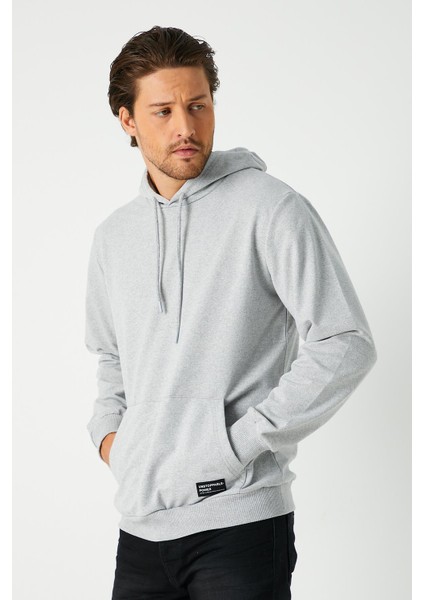 Gri Erkek Kapüşonlu Kanguru Cepli Sweatshirt