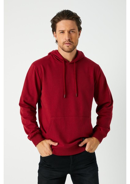Bordo Erkek Kapüşonlu Kanguru Cepli Sweatshirt fiyatları