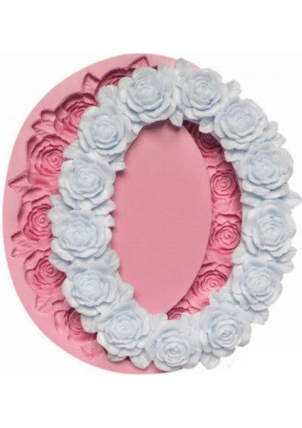 Gül Çiçek Kabartma Oval Çerçeve Silikon Kalıp K-270
