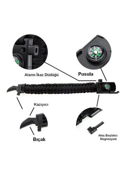 Survival Bileklik Bıçak Pusula Ateş Başlatıcı Magnezyum ve Ikaz Düdüğü