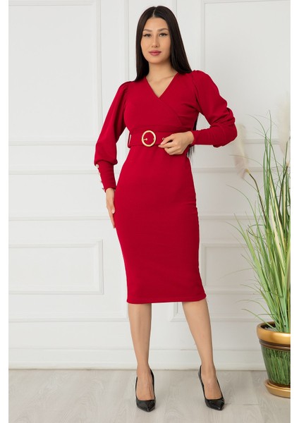 Bayan Kol Düğmeli Kruvaze Elbise 0220