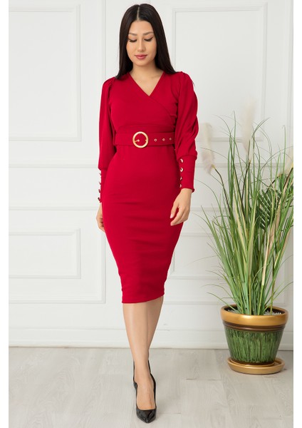 Bayan Kol Düğmeli Kruvaze Elbise 0220 modelleri