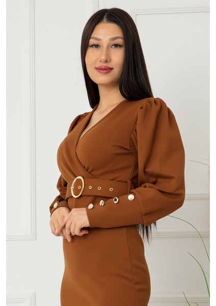 Bayan Kol Düğmeli Kruvaze Elbise 0220 fırsatları