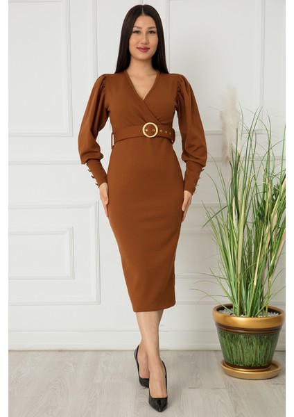 Bayan Kol Düğmeli Kruvaze Elbise 0220