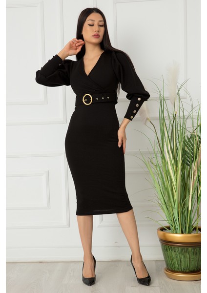 Bayan Kol Düğmeli Kruvaze Elbise 0220